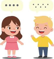 Two cheerful children engaged in conversation, illustrated in a flat design style, with speech bubbles conveying playful dialogue, illustration vector