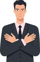 Confident businessman in a dark suit with crossed arms in a flat minimalist design art vector