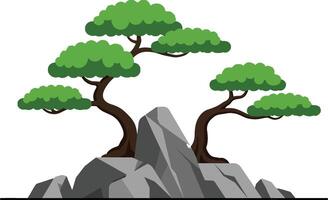 Two stylized bonsai trees perched on a rocky base in a minimalistic design style showcasing harmony and tranquility in illustration vector