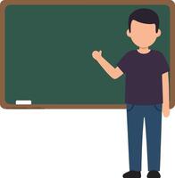 Teacher standing confidently beside a green chalkboard in a flat illustration, engaging students with enthusiasm and a welcoming atmosphere in a classroom setting vector