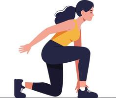A determined woman preparing to sprint in a dynamic pose, featuring a flat, minimal design style in vibrant colors, showcasing illustration vector