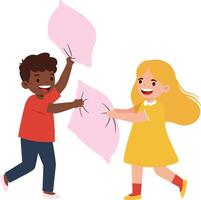 Two joyful children engaging in a playful pillow fight, depicted in a flat design style, showcasing laughter and excitement in this illustration vector