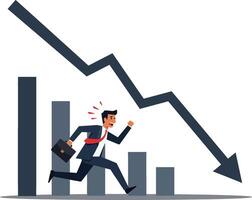 Businessman running away from declining financial charts in flat illustration with a sense of urgency and stress vector