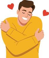 A cheerful man in a yellow sweater joyfully hugging himself with hearts floating around, flat illustration vector
