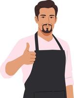 Friendly male chef giving a thumbs-up while wearing a black apron in a minimal flat design art vector