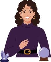A smiling woman wearing a purple dress with crystals and a crystal ball in a cozy setting, showcasing a mystical and inviting atmosphere in flat art vector