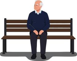 An elderly man sitting on a park bench wearing a blue sweater in a flat art style conveying a serene and reflective atmosphere vector