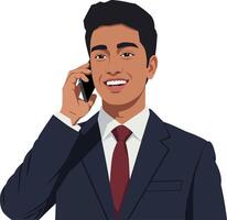 Confident young man in a suit smiling while talking on a smartphone in a flat illustration vector