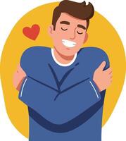 A cheerful young man embracing himself with a warm smile in a minimal flat design illustration, radiating positivity and self-love in a vibrant setting art vector