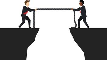 Two business professionals in suits pulling a rope across a chasm in a minimal and flat design illustration vector