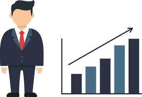 Businessman in a suit standing beside a rising bar graph in a flat design illustration vector