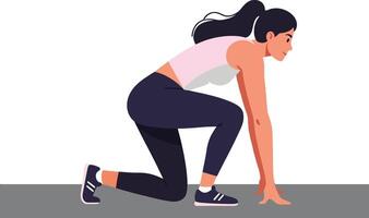 Athletic woman preparing to sprint in a dynamic pose, showcasing determination and focus in a flat illustration vector