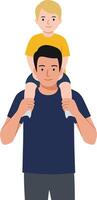 Father carrying son on shoulders in a joyful, flat design style showcasing love and connection in illustration vector