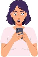 Surprised woman with short hair looking at a smartphone while standing against a plain background in a flat illustration vector