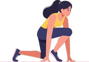 A determined young woman preparing to sprint in a athletic stance, featuring a vibrant color palette in a flat design style, illustration vector
