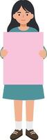 Girl holding a large pink poster in a flat, minimal design style showcasing a cheerful expression in a simple, engaging illustration vector