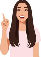 Young woman with long brown hair smiling and pointing upwards in a flat illustration conveying positivity and inspiration vector