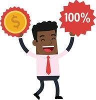 Happy businessman celebrating success with dollar symbol and 100 percent sign in a flat, colorful design illustration vector