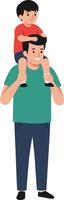 A father playfully carrying his son on his shoulders in a flat, colorful illustration depicting a joyful moment of bonding and happiness between family members. vector