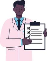 A confident doctor in a pink lab coat holding a checklist with checked items, minimal flat illustration showcasing professionalism and care in healthcare settings, art vector