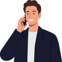 Young man in a navy blazer talking on a smartphone with a friendly smile, flat illustration vector