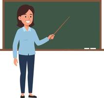 A smiling teacher in a blue blouse holding a pointer in front of a green chalkboard in a flat art style vector