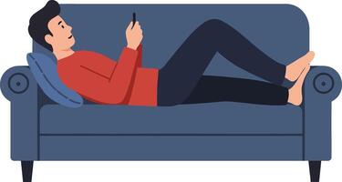 Young man lounging comfortably on a blue couch using a smartphone in a flat illustration vector