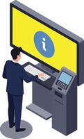 A professional man interacting with a digital information kiosk in a modern setting, featuring flat design elements and bright colors, illustration vector