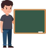 Young boy standing beside a green chalkboard in a flat, minimal style illustration, showcasing an educational setting with a cheerful atmosphere vector