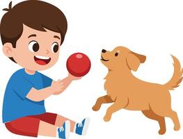 A cheerful boy playing with a golden retriever dog while tossing a red ball in a bright and playful flat illustration vector