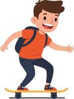 Joyful boy riding a skateboard in a dynamic pose, showcasing a flat design style, cheerful and energetic illustration vector