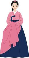 Traditional Korean woman wearing a colorful hanbok in a minimal flat design illustration showcasing cultural attire and gracefulness in a serene pose vector