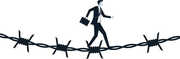 Businessman walking carefully on a barbed wire fence in a minimal design style showcasing determination and risk, representing challenges in art vector
