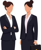Two professional women in business suits engaging in conversation with a confident demeanor in a flat illustration vector