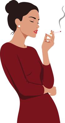 Elegant woman in a red dress holding a cigarette, exuding confidence in a minimalistic style, showcasing modern art