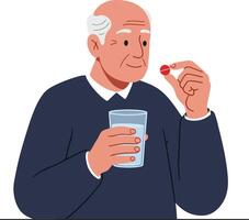 Elderly man holding a red pill in one hand and a glass of water in the other, depicted in a minimal and colorful illustration vector