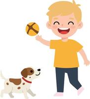 A joyful child playing with a lively dog while tossing a ball in a flat cartoon style illustration vector