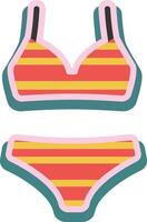 Colorful striped bikini set in a flat design style showcasing vibrant hues and playful lines, perfect for summer vibes, art vector