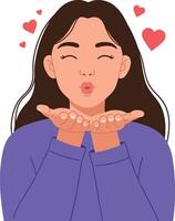 Young woman blowing a kiss with closed eyes in a playful pose, featuring a flat design style and heart motifs, creating a cheerful atmosphere, art vector