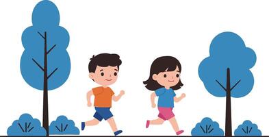 Two children joyfully running together in a park surrounded by stylized blue trees, featuring a flat design style, art vector