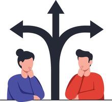 Two individuals contemplating decisions with thoughtful expressions, featuring a minimal design and directional arrows, symbolizing choices in a illustration vector
