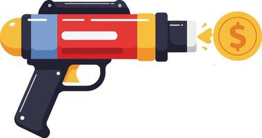 Colorful toy gun shooting coins in a playful and whimsical flat illustration depicting a lighthearted scene of fun and imagination vector