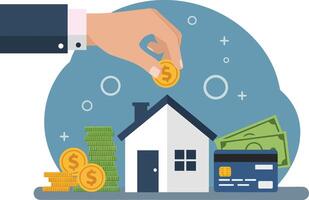 A hand placing a coin into a house surrounded by money, credit card, and financial symbols in flat illustration vector