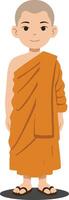 Young smiling monk in an orange robe standing with a calm demeanor in a flat, minimal illustration vector