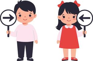 Two cheerful children holding directional signs in a playful, colorful flat design illustration showcasing joy and guidance in a friendly atmosphere vector