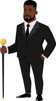 Confident man in a stylish black suit with a cane, showcasing elegance in a minimal illustration vector