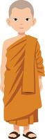 Young Buddhist monk in orange robe standing confidently with a serene expression, minimal style illustration vector