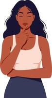 Thoughtful woman with long hair in a white tank top, posing in a minimal and modern style, engaging in reflective contemplation, illustration vector
