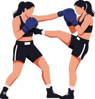 Two female boxers engaged in a competitive match showcasing strength and skill in a flat illustration vector
