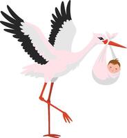 Stork carrying a baby in a cloth bundle depicted in a flat, cheerful design style, highlighting joy and new beginnings in art vector
